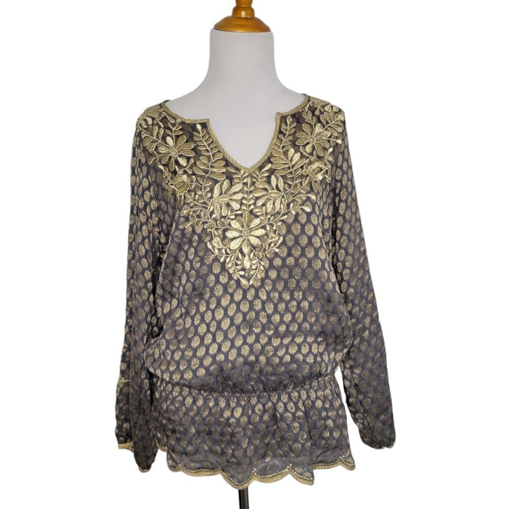 Rungolee Embroidered Blouse Gold Floral Peplum Hem Long Sleeve Women Small